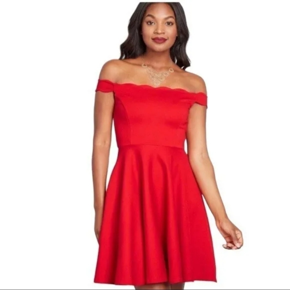 Modcloth Scalloped Off Shoulder Fit Flare Mini Dress Ponte Knit size S Red